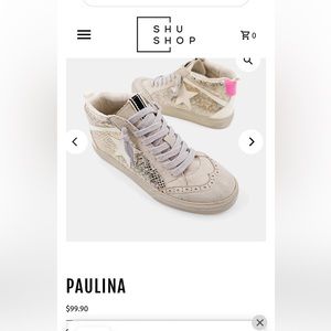 ShuShop Paulina Beige and Gold High-Top Sneakers with Pink Accent